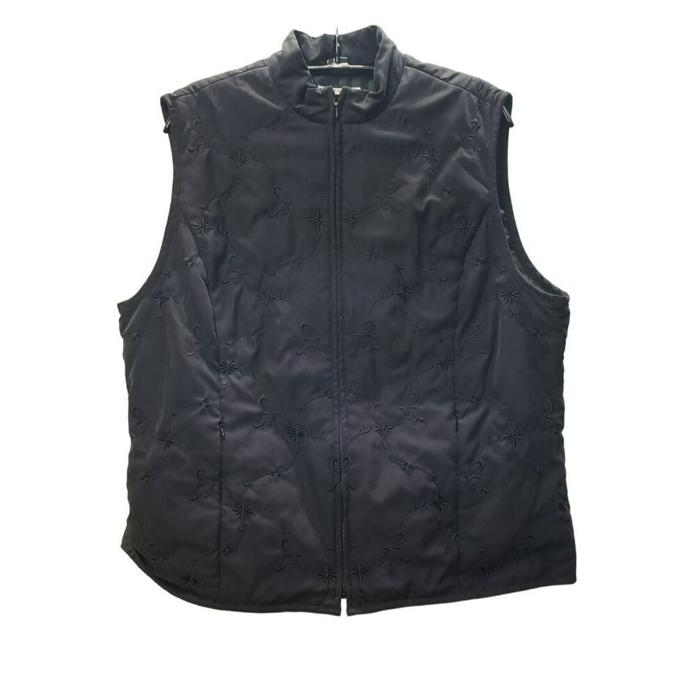 Talbots Embroidered Vest, Black, Zip Front & Pockets, tone-on-tone Floral, Sz L